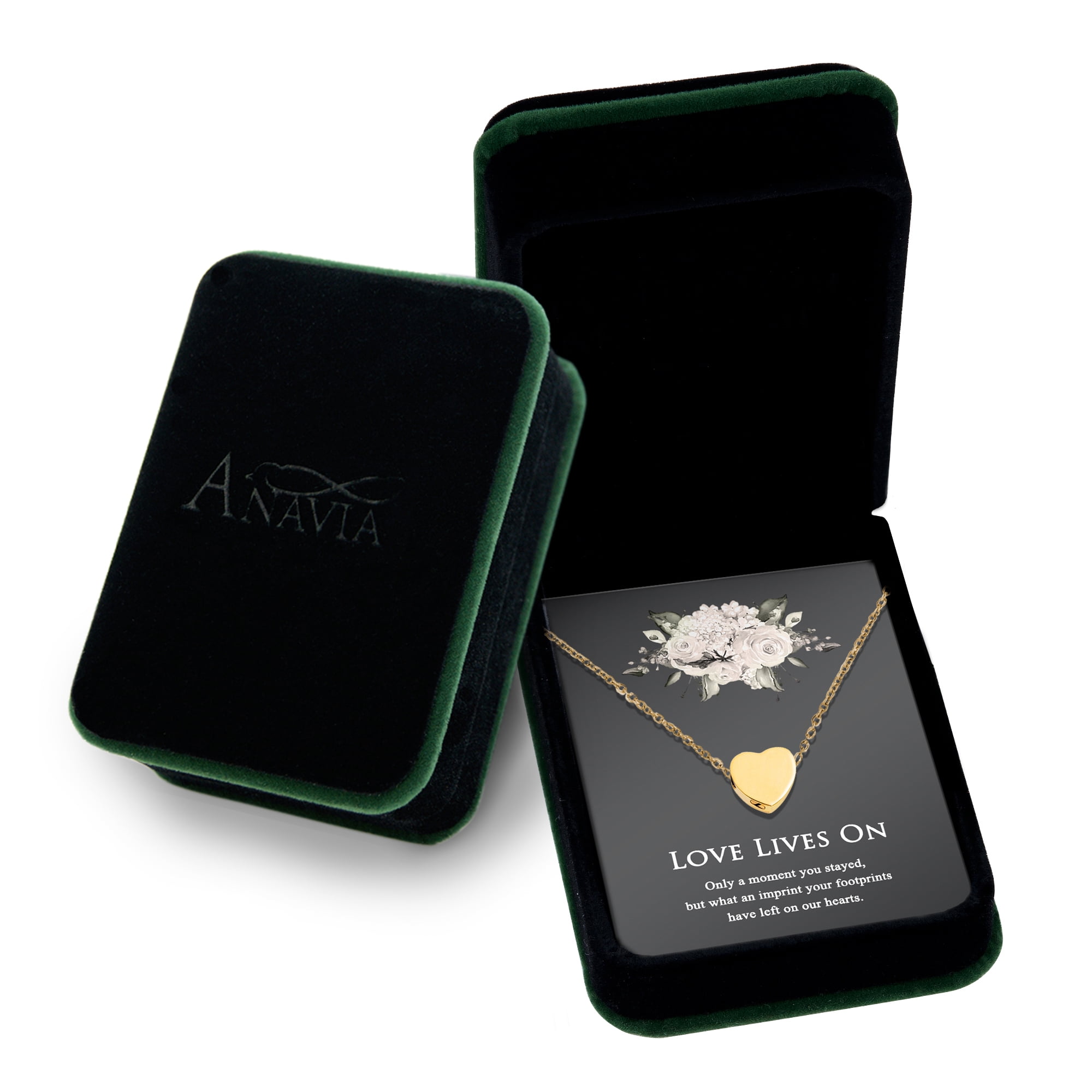 Anavia Mini Heart Cremation Jewelry Stainless Steel Keepsake Memorial Urn Necklace for Human with"Love Lives On" Comfort Card-[Gold]