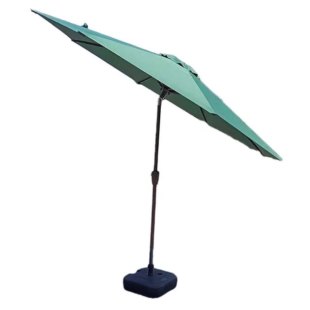 sombrilla de jardín dynwavemx sombrilla de playa 8 varillas resistentes para patio al aire libre Tapa simple verde; vista 3/4 frontal del dosel de poliéster abierto (270 x 260 cm) con ocho nervaduras de aluminio, poste de acero galvanizado con mecanismo de varilla roscada sin herramientas y base cuadrada rellena (22 kg) incluida; ideal para sombra en patio, playa, puestos o campamento por su montaje rápido.