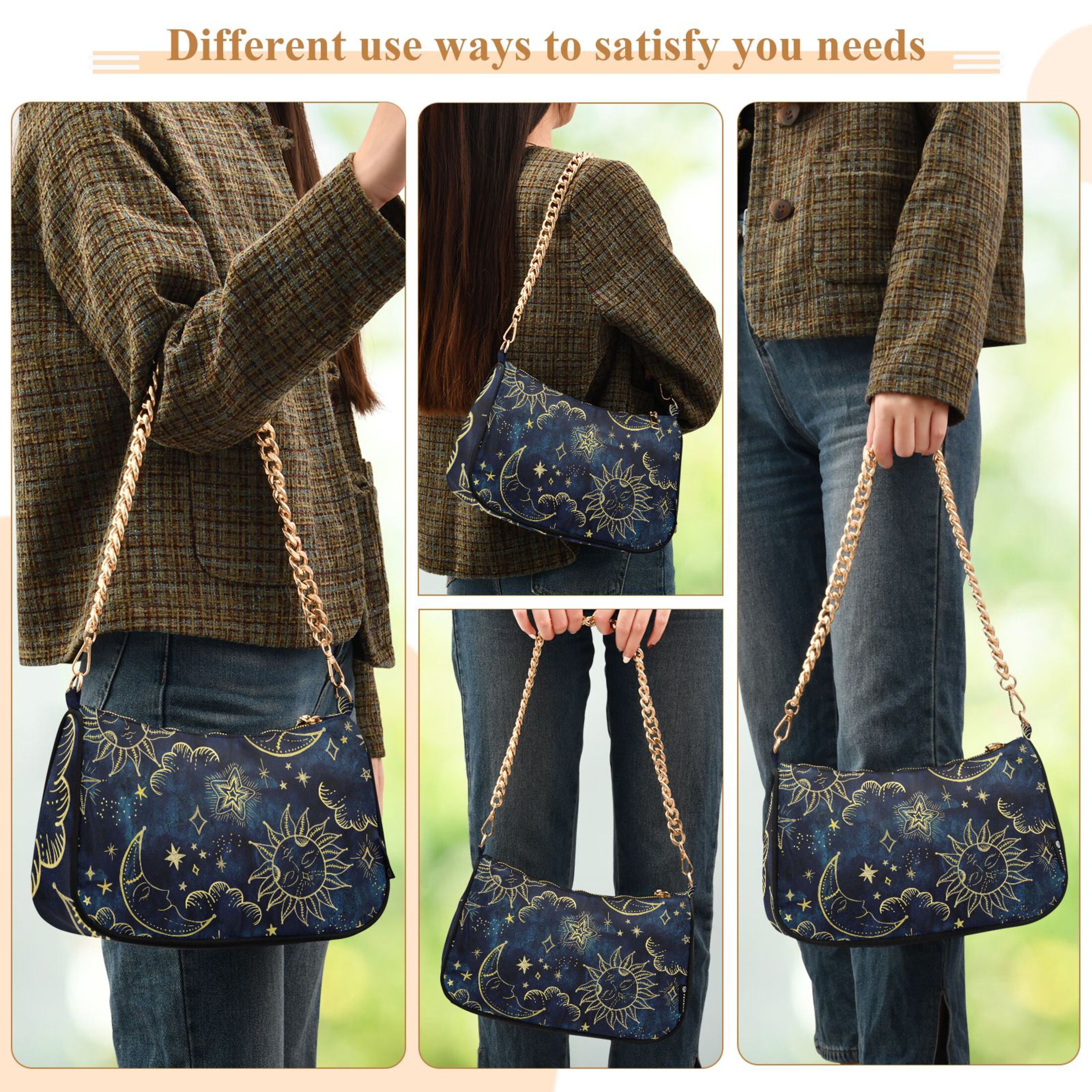 Sun Moon Boho Cosmos Astrology Womens Chain Shoulder Bag Tote Handbag Clutch Hobo Purse with Zipper for Travel Casual