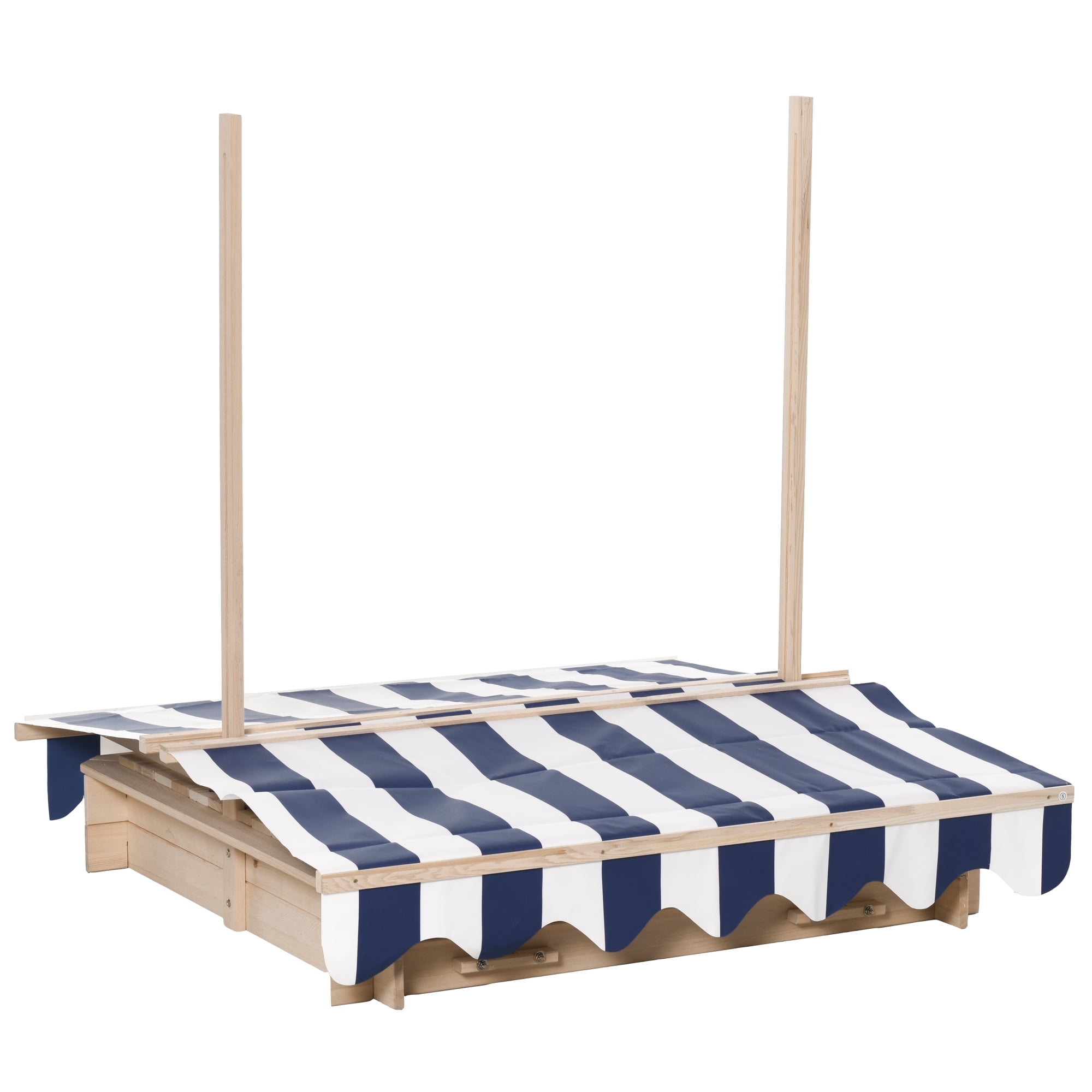 Wooden Kids Sandbox with Cover, Foldable Bench Seats & Adjustable Canopy, Children Outdoor Sand Box with Bottom Liner for Backyard Garden Play