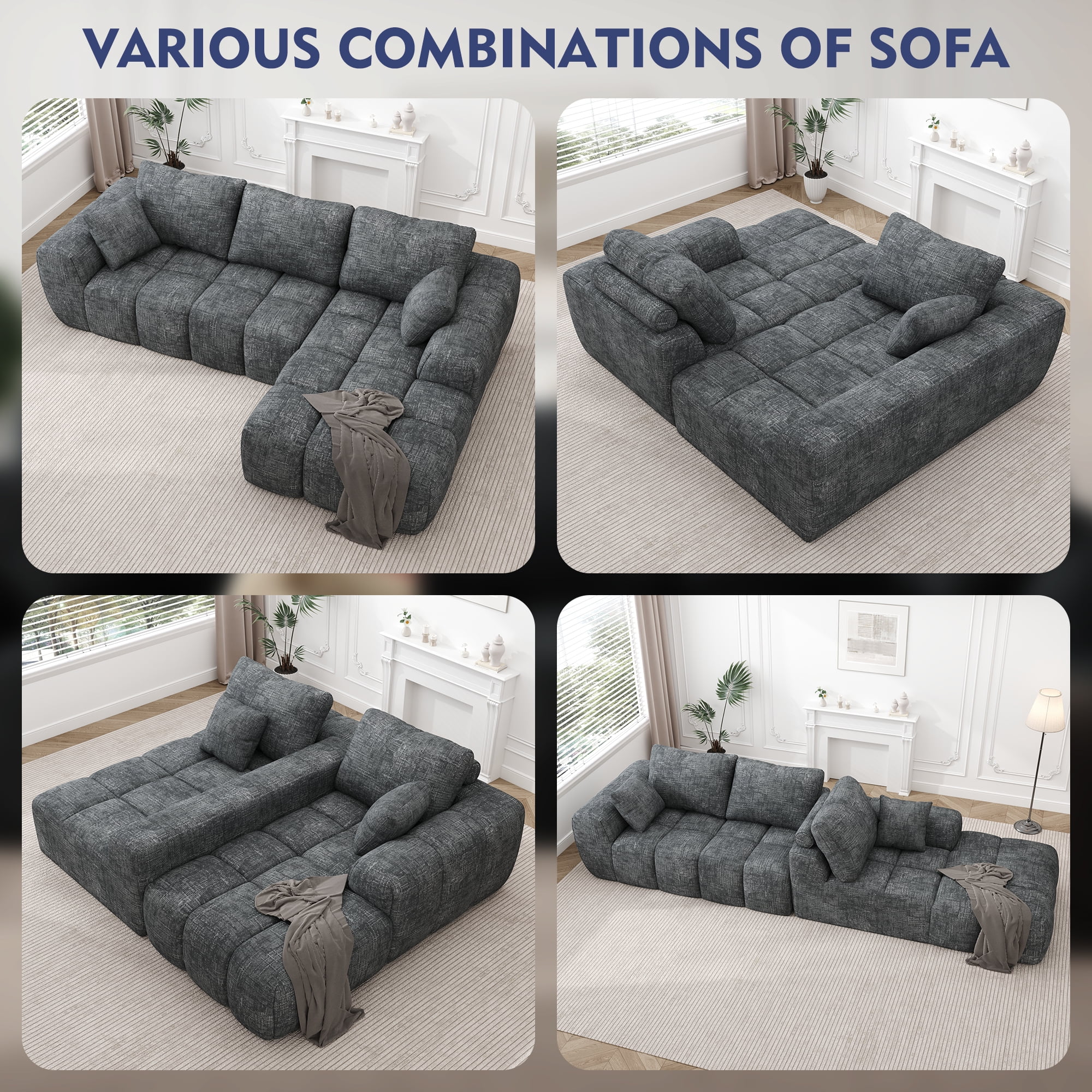 IDEALSOUL Sectional Sofa, 101" L-Shaped Modular Cloud Couch,Unique Chenille Fabric Couches and Sofas,Compression Sofa No Assembly Required(Deep Gray)