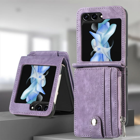 Allytech Wallet Case for Samsung Galaxy Z Flip5 5G, Premium PU Leather Cards Holder Zipper Pocket Mangetic Closure Shockproof Phone Cover Case for Galaxy Z Flip5 - Purple