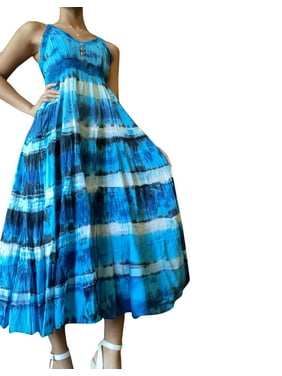 Mogul Women Maxi Dress, Aqua Blue summer Dresses, Tie Dye Printed dresses, Beach Coverup, House Dresses Sleeveless Bohemian Dresses M