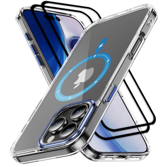 Hotpom Phone Case for iPhone 16 Pro with 2 Pack Screen Protector, Compatible with Magsafe, Slim Shockproof Women Men universal Clear Protective Cover with Anti-Fingerprint, Blue