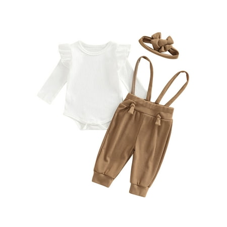 

ZIYIXIN Infant Baby Girls Long Sleeve Ruffle Cotton Bodysuit + Suspenders Pants + Headband 3Pcs Fall Winter Romper Outfit
