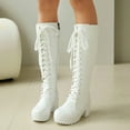 thumbnail image 2 of Rokment Womens Platform Knee High Combat Boots Cocktail Banquet Party Vintage Leather Chunky High Heel Mid Calf Dress Tall Boots White Size 7, 2 of 5