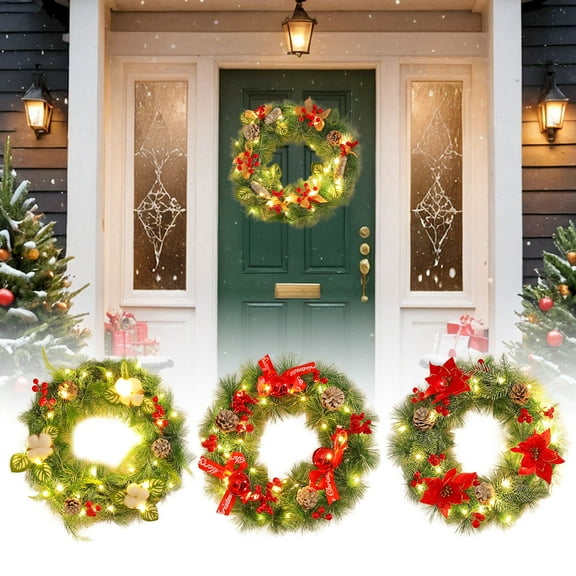 Pre-Lit Christmas Wreath for Front Door 12 Inches LED Lighted Artificial Christmas Wreath with Pine Cones Berries for Indoor Outdoor Decor
