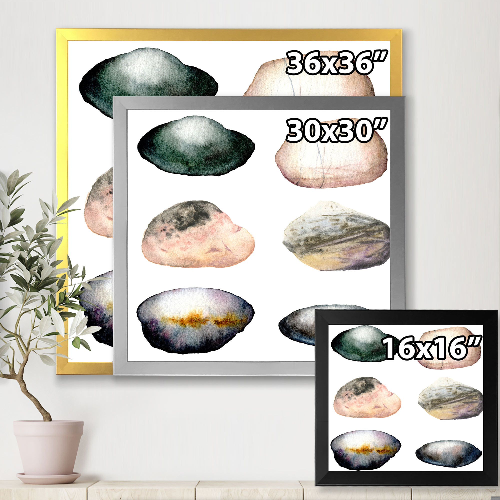 Designart 'Six Abstract Sea Stones On White' Nautical & Coastal Framed Art Print
