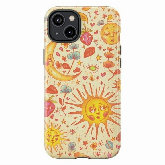 Celestial Sun and Moon Phone Case, Boho Astrology Stars and Floral Artistic iPhone Cover, Unique Protective Case for iPhone 17 16 15 14 13 12 11 Plus Pro Max Mini
