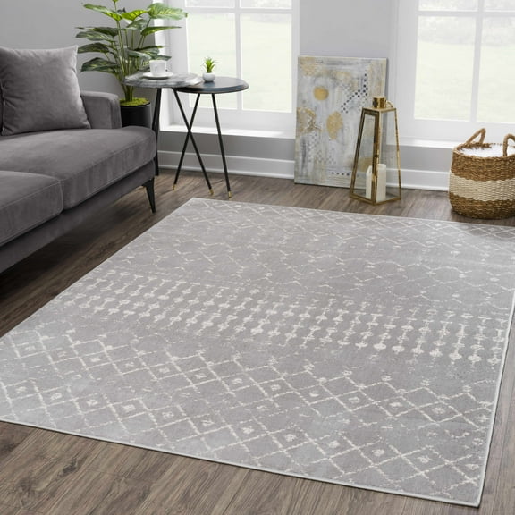 Hauteloom Tigris Moroccan Trellis Farmhouse Living Room Bedroom Area Rug - Vintage Distressed - Bohemian Geometric - Gray, Ivory, Beige, Cream - 3'11" x 5'7"