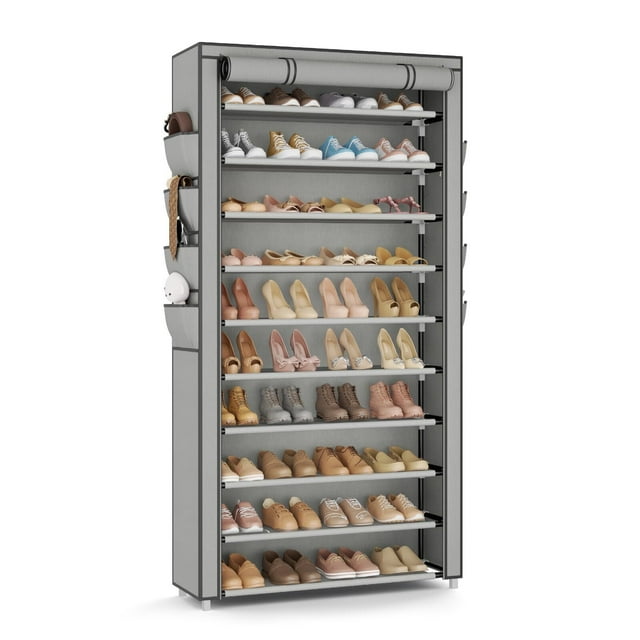 Zapatera alta con cubierta, organizador de zapatos de 10 niveles para 50-55 pares de zapatos y botas, estante de zapatos de gran capacidad con 8 bolsillos para clóset, entrada, cochera