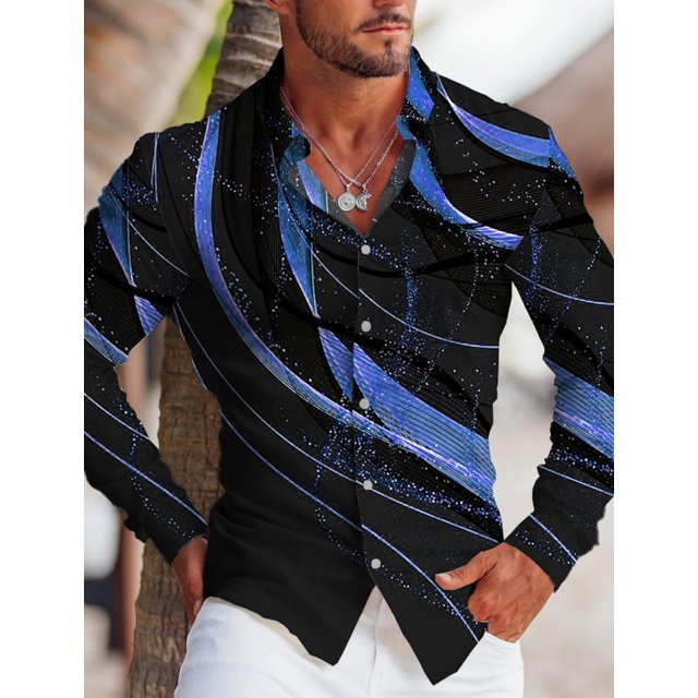 Camisa estampada de manga larga para hombre, con solapa lineal, para exteriores, calle, manga larga, moda, a rayas, para fiestas, con botones