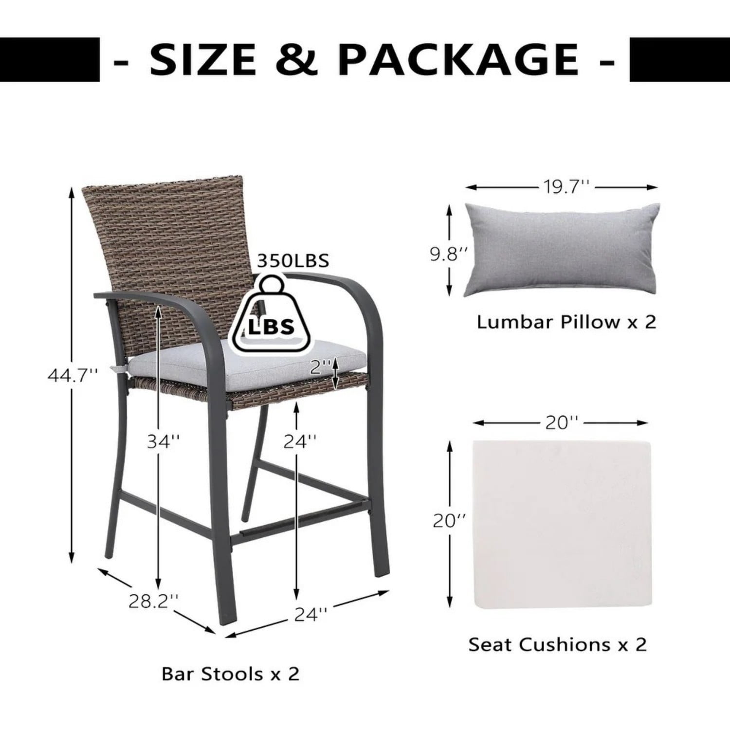 Outdoor Bar Stools Set of 2, Wicker Patio Bar Stool with Cushions & Lumbar Pillows, High Back Counter Height Chairs for Patio Deck Backyard