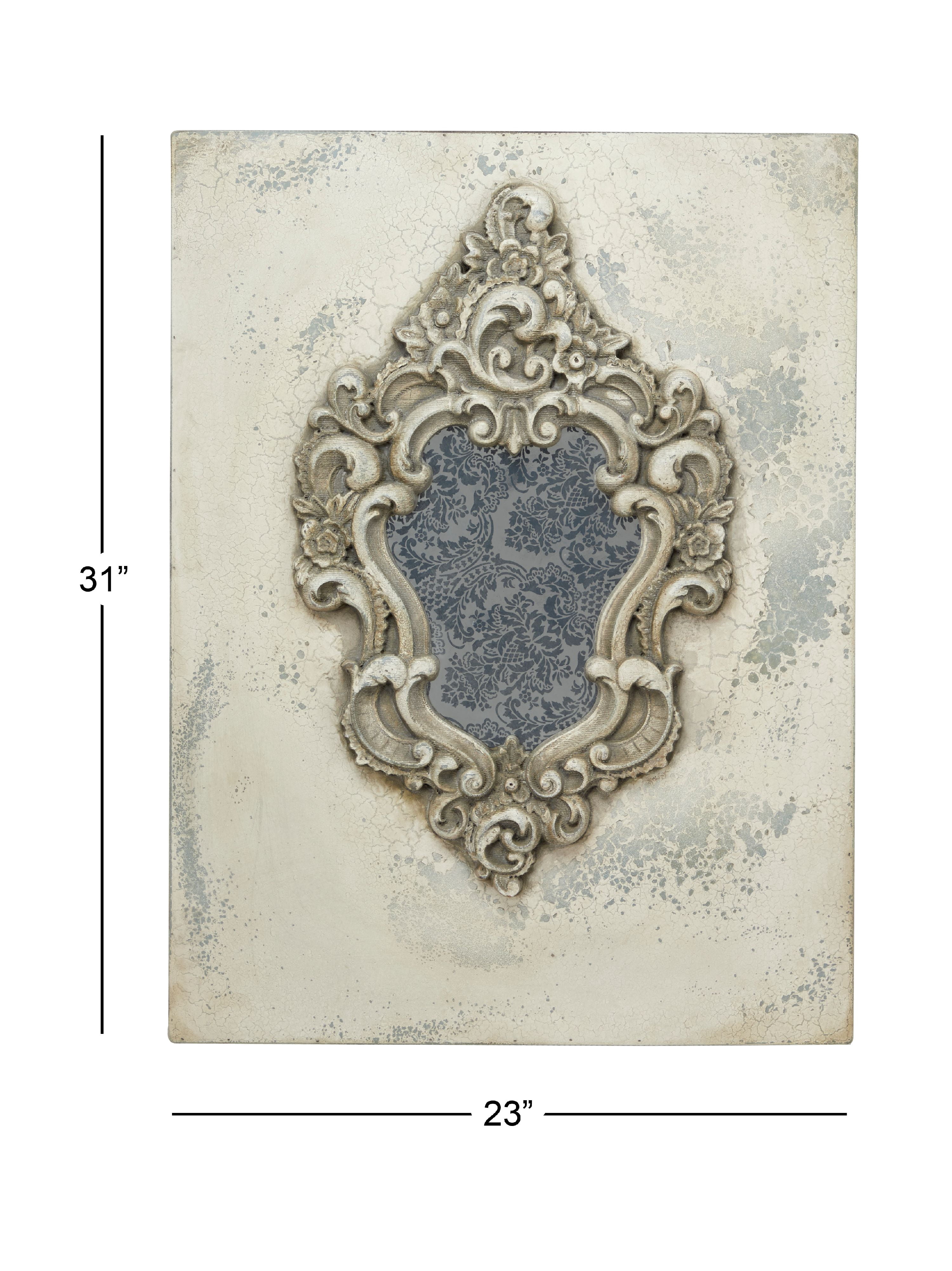 DecMode Large Gray and Beige Antique Frame with Damask Print Wooden Wall Plaque, 23.5” x 31.5”