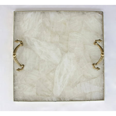 

White Agate Serving Tray With Brass Handles | Square 78