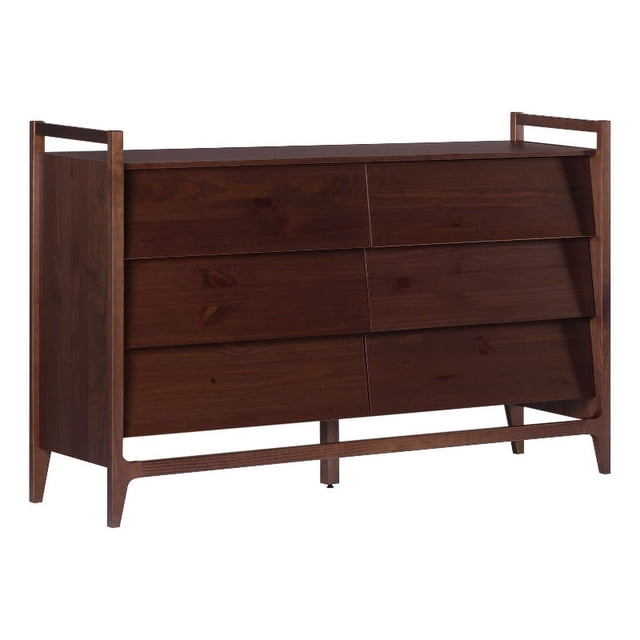 58" Solid Wood Modern Angle-Face 6 Drawer Dresser - Walnut