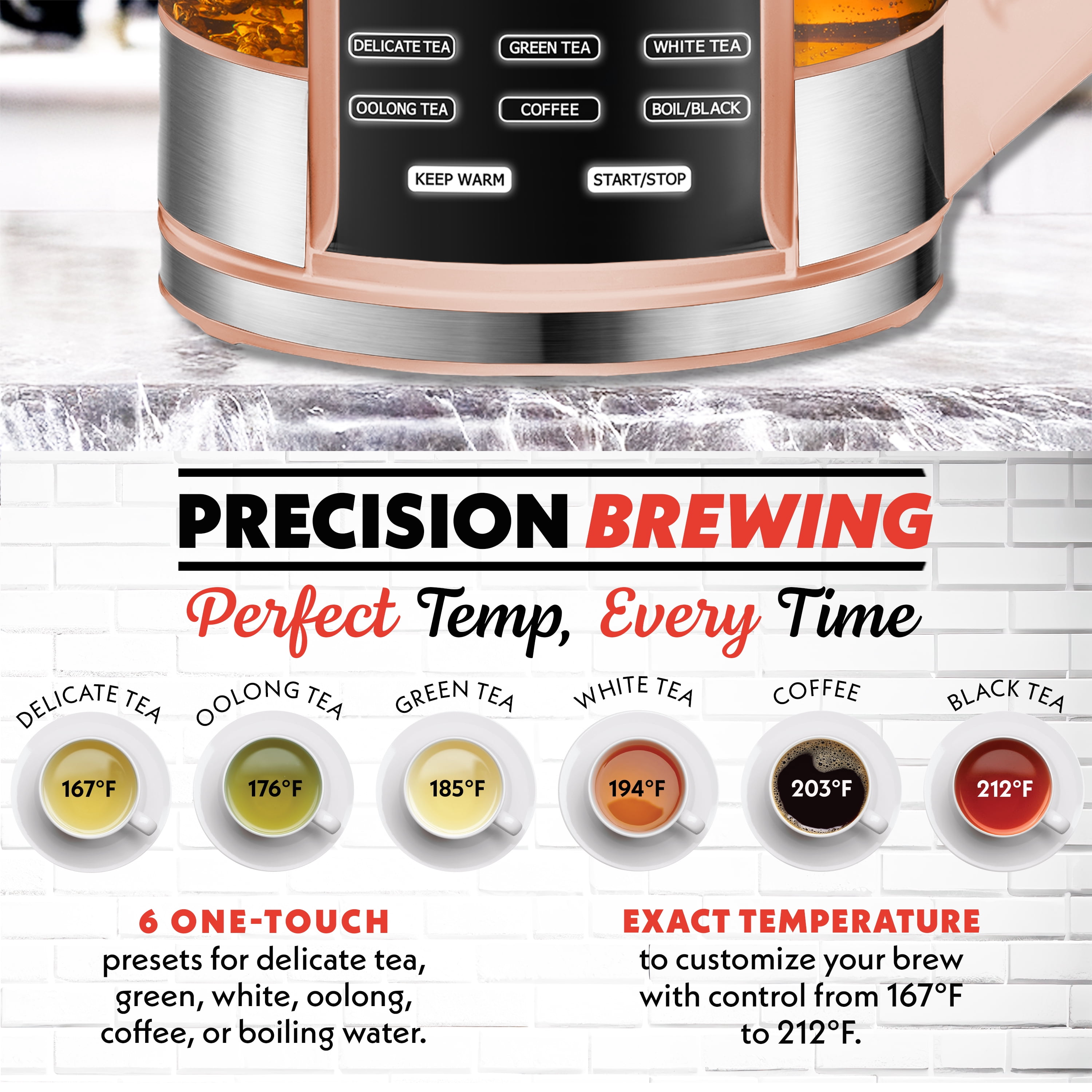Gourmia Electric Kettle 1.7L with 6 Presets, Digital Display, and Tea Infuser, Peach