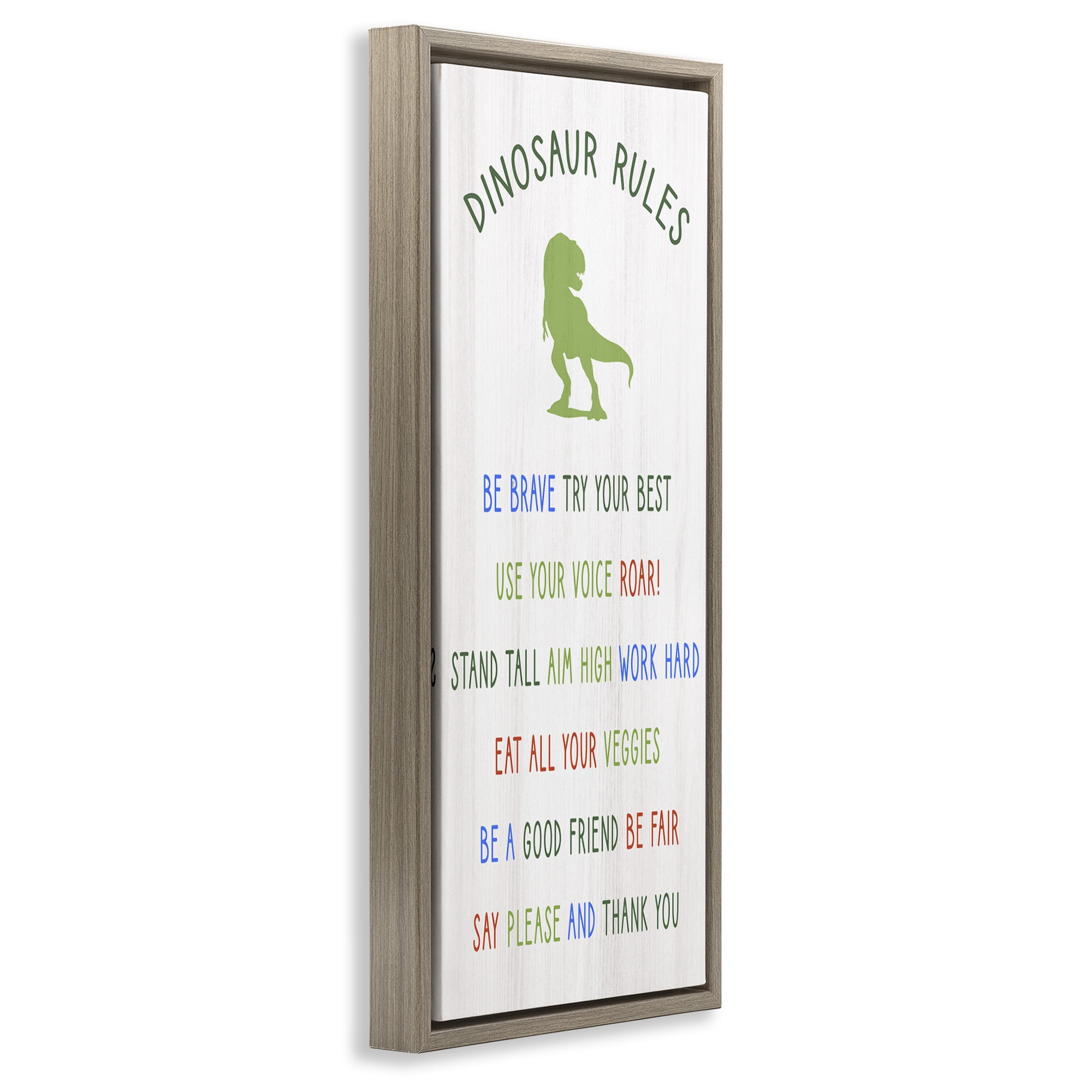 Stupell Industries Dinosaur Rules Kids List Inspirational Painting Brown Floater Framed Canvas Art Print Wall Art, 15 x 31
