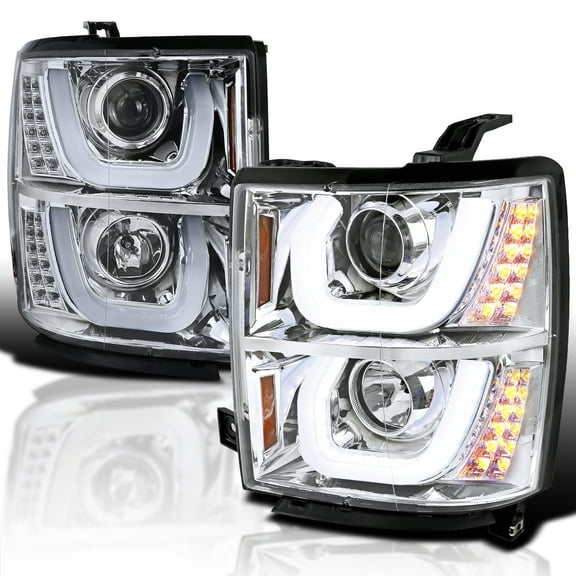 Spec-D Tuning Halo LED Turn Signal Chrome Projector Headlights Compatible with 2014-2015 Chevy Silverado 1500, Left Right Pair Headlamps Assembly