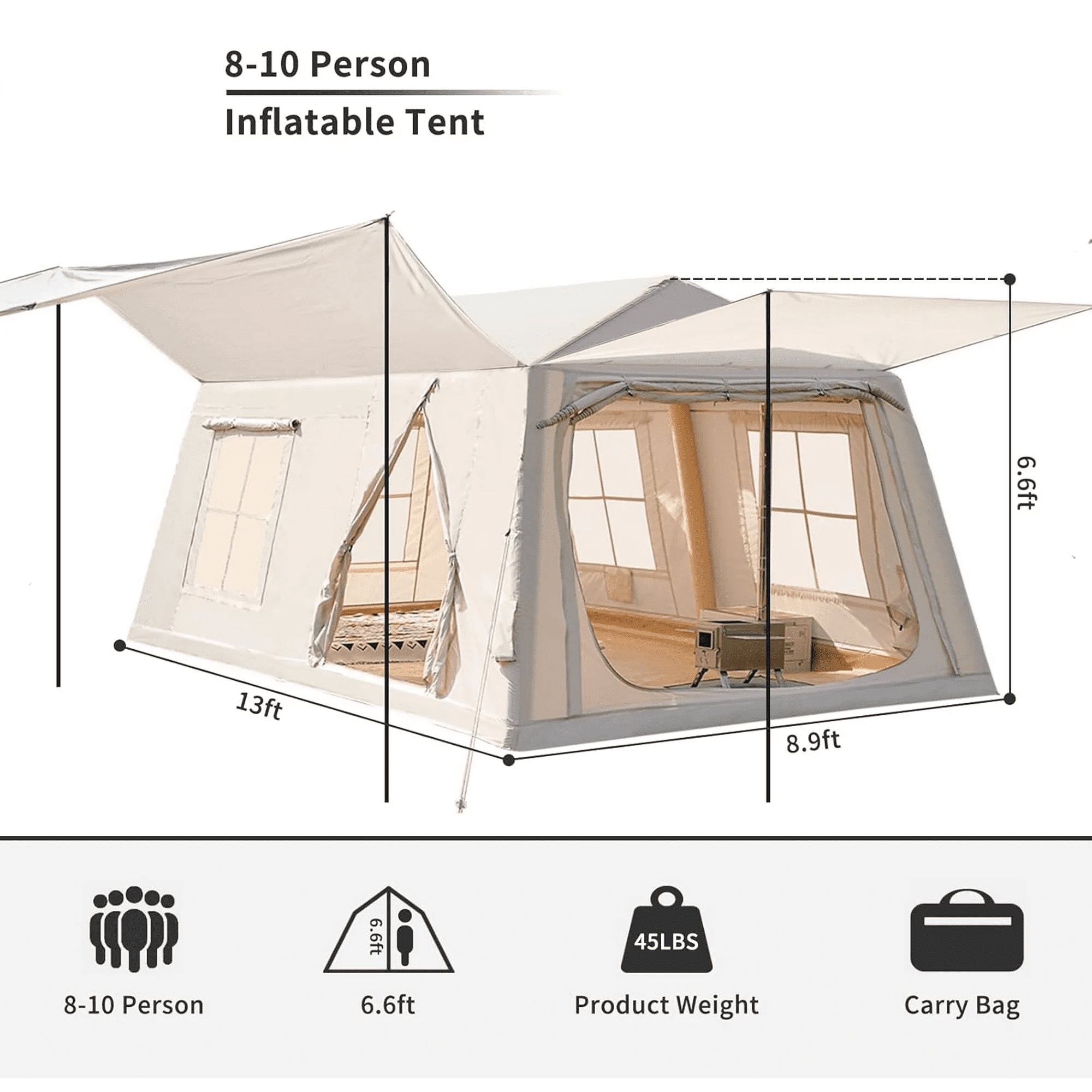 Zikebtuy 2/6/8 Person Inflatable Camping Tent, Easy Setup Blow Up Air Tent with Hand Pump, Waterproof 4-Season Glamping Tent with Large Mesh Windows & Oversized Canopy for Couples, Group & Family