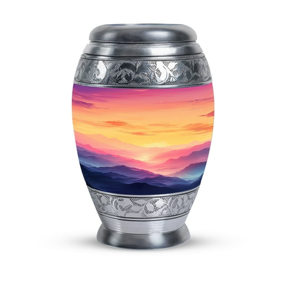 Sunrise Hues over Mountain Urn For Human Ashes Adult Male - Large Urns For Human Ashes Adult Male - Funeral Urns For Adult Ashes Women - Bird Urns For Ashes Adult Male with Velvet Bag 10 Inches