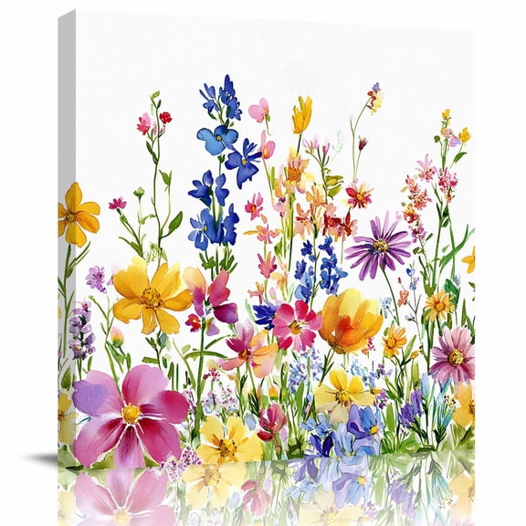 Watercolor Wildflowers in Full Bloom Canvas Artwork Painting Art, Summer Rustic Floral Square Framed Wall Decorations Prints Picture for Bedroom Kitchen Living Room, 16x16 in