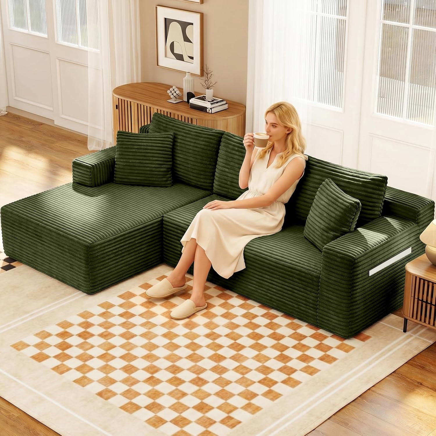 MOONMISS L-Shaped Cloud Sectional Couch with Chaise,Modern Corduroy Upholstered Modular Boneless Sofa,No Assembly for Living Room Apartment(Green,Left)