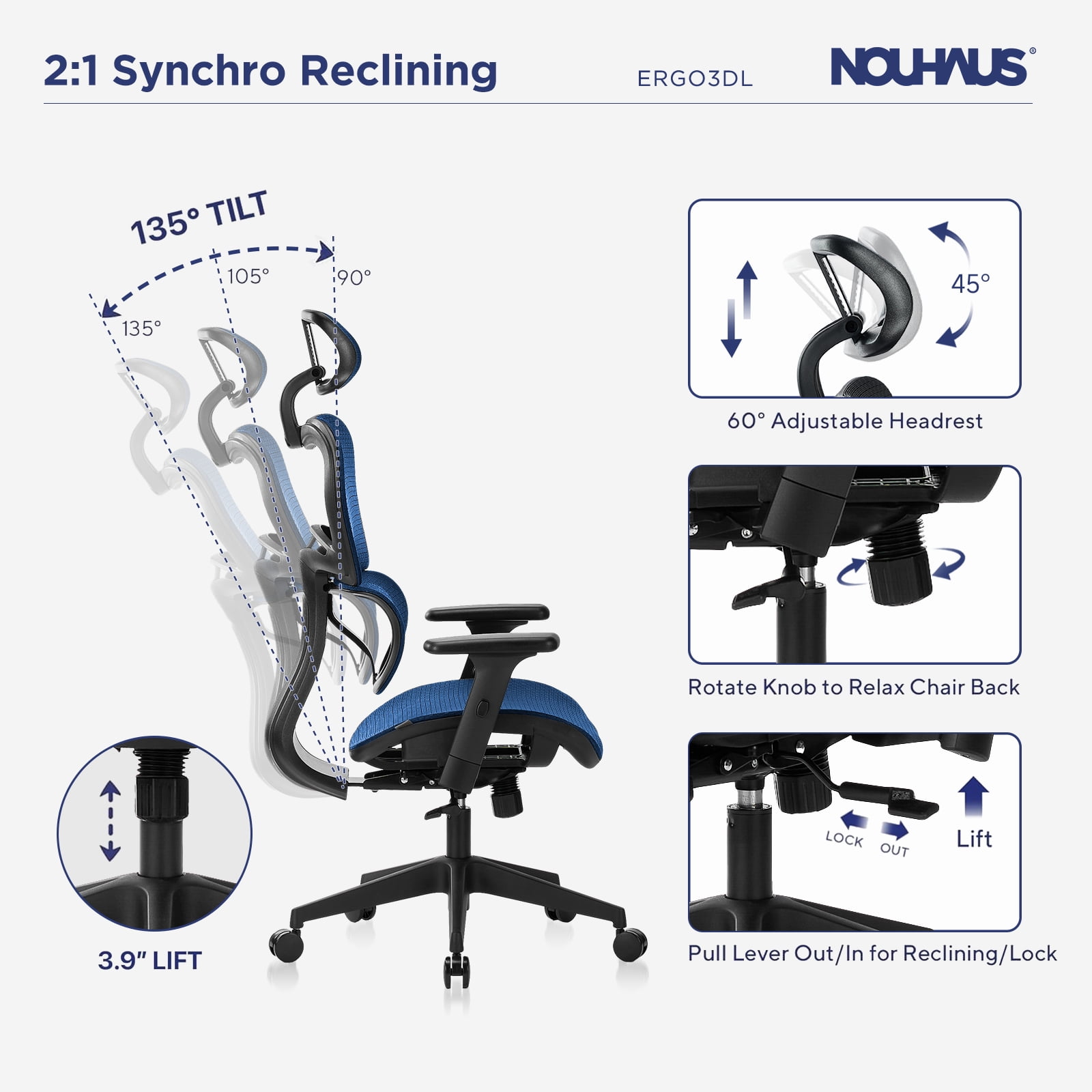 NOUHAUS Ergo3DL Ergonomic High-Back Mesh Office Chair with Adjustable Headrest, Lumbar Support, and Armrests