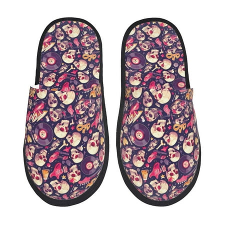 

Fuzoiu music Skull record Guitar Print Unisex Furry Slippers Plush Indoor Shoes Trendy House Slippers Anti-Skid EVA Sole House Shoes for Home Office and Travel -Large