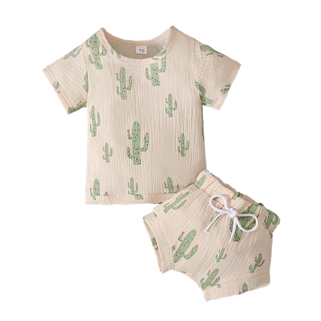 Ropa Para Bebé (Niño O Niña), Conjunto Para Niño Pequeño, Manga Corta, Estampado De Cactus Arcoíris, Pantalones Cortos, Conjunto De Dos Piezas Para Niños, Verde Menta Odeerbi LM103-9893