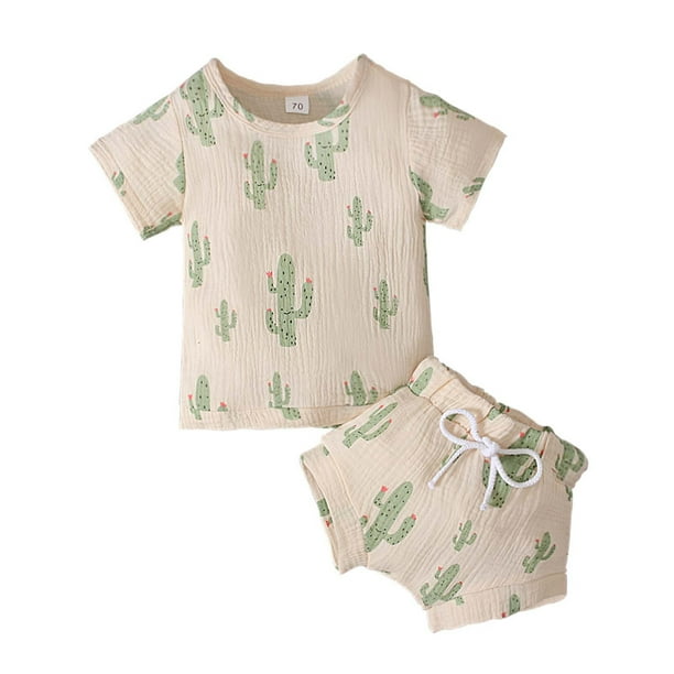 Ropa Para Bebé (Niño O Niña), Conjunto Para Niño Pequeño, Manga Corta, Estampado De Cactus Arcoíris, Pantalones Cortos, Conjunto De Dos Piezas Para Niños, Verde Menta Odeerbi LM103-9893