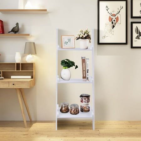 Wall Storage Furniture Costway 3 Tier Leaning Wall Ladder Book Shelf Bookcase Storage Rack Display Flower shelf Plant shelf Furniture ()