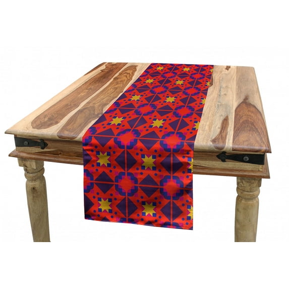 Abstract Table Runner, Colorful Tone Ethnic Design Dutch Folk Tile Rhythmic Illustration Continued, Dining Room Kitchen Rectangular Runner, 3 Sizes, by Ambesonne