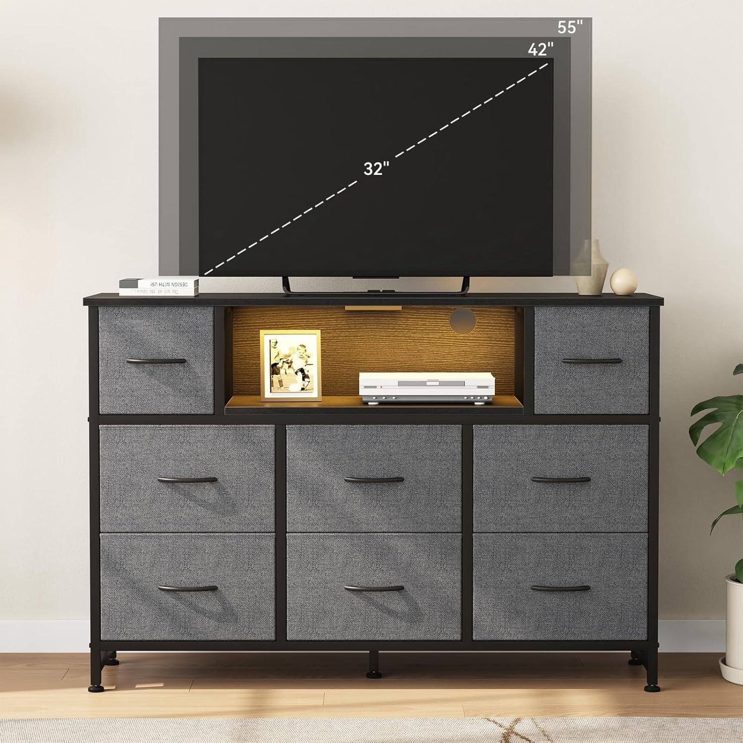 LED TV Stand for 50/55 inch TV, Dresser with 8 Fabric Drawers, Entertainment Center with Open Storage Shelves & Power Outlet, Tall Storage Chest for Bedroom, Living Room, Gray