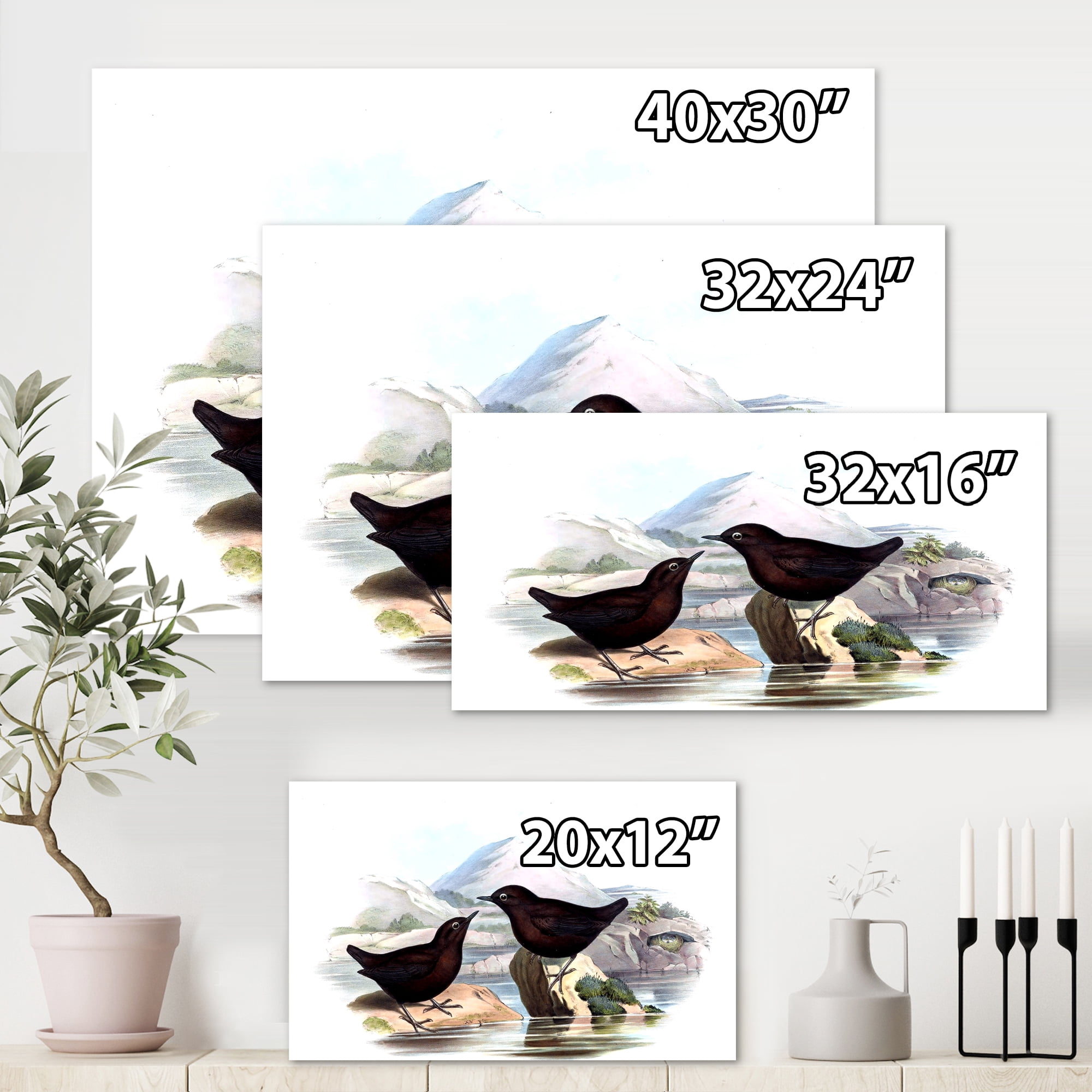 Designart ' Vintage Countryside Two Birds ' Farmhouse Canvas Wall Art Print