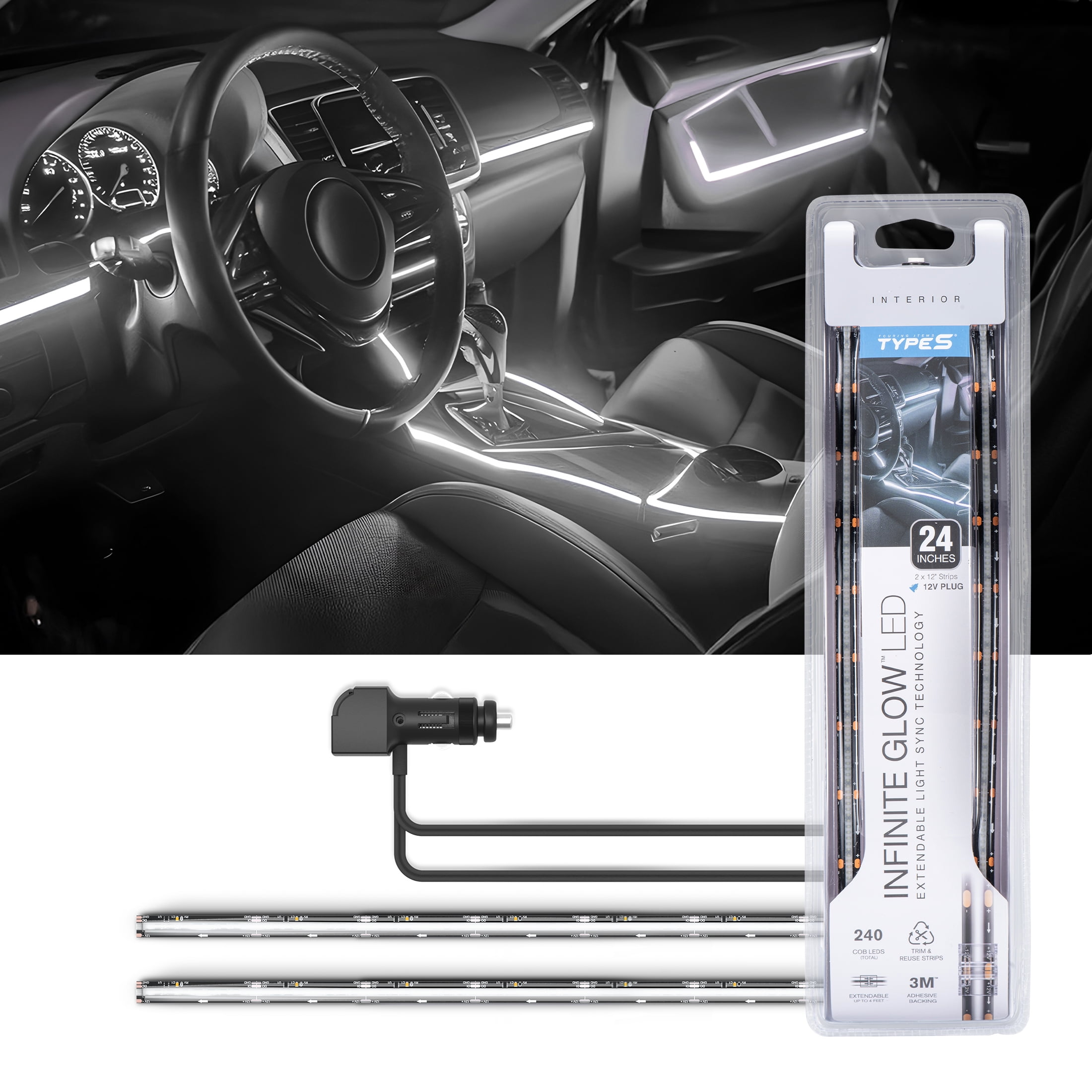 TYPE S - Infinite Glow White LED Ambient Lighting - Car LED Strip Lights, Light Sync Technology, 3M Adhesive, Trimmable, 12V, 2 x 12" White Strips, 24 inches