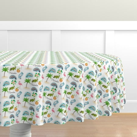 

Cotton Sateen Tablecloth 70 Round - Florida Dolphin Flamingo Tropical Watercolor Palm Tree Manatee Print Custom Table Linens by Spoonflower