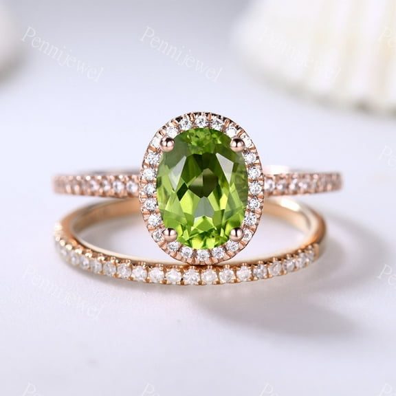 Rose Gold Plated Peridot Bridal Ring Set,Oval Cut Green Peridot Ring, 925 Sterling Silver Ring