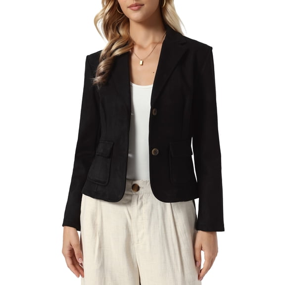 INSPIRE CHIC Faux Suede Jacket for Women's Notched Lapel Button Down Pockets Slim Fall Winter Cropped Blazer XS Black