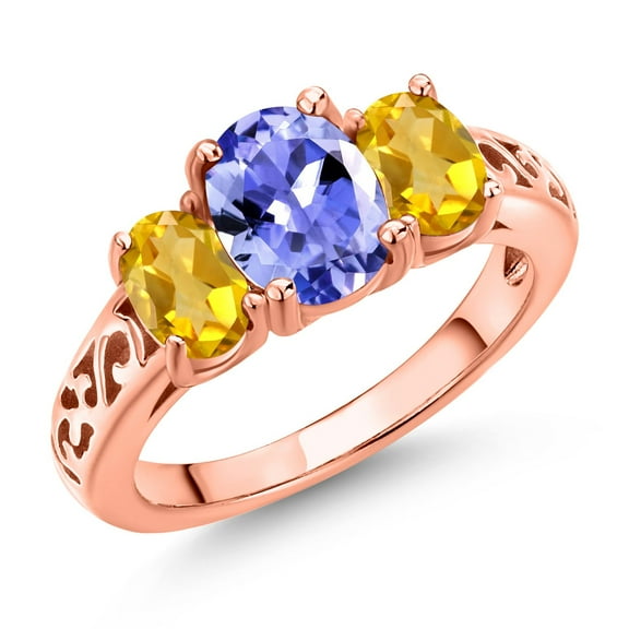 Gem Stone King 18K Rose Gold Plated Silver Blue Tanzanite and Yellow Citrine Filigree Style 3 Stone Ring for Women (2.06 Cttw, Oval 8X6MM and 6X4MM) (Size 5)