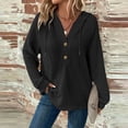 thumbnail image 2 of Hoodie Women Trendy Solid Color Hooded Button Loose Long Sleeved V Neck Sweatshirts Fall Tops,Black,2XL, 2 of 6
