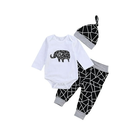 

Bmnmsl Baby Autumn Long-Sleeves Elephant Printing Rompers Top Pants Hat Sets