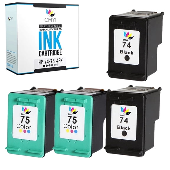 CMYi 74 and 75 Combo Ink Cartridges Compatible for HP 74 75 DeskJet PhotoSmart Printers (2 Black, 2 Tri-color)