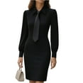thumbnail image 2 of Women's Work Dress Office Dress Long Sleeve Solid Color Waist Defining with Belt Elegant Midi Dress for Commuting Spring Fall,Black,L, 2 of 4