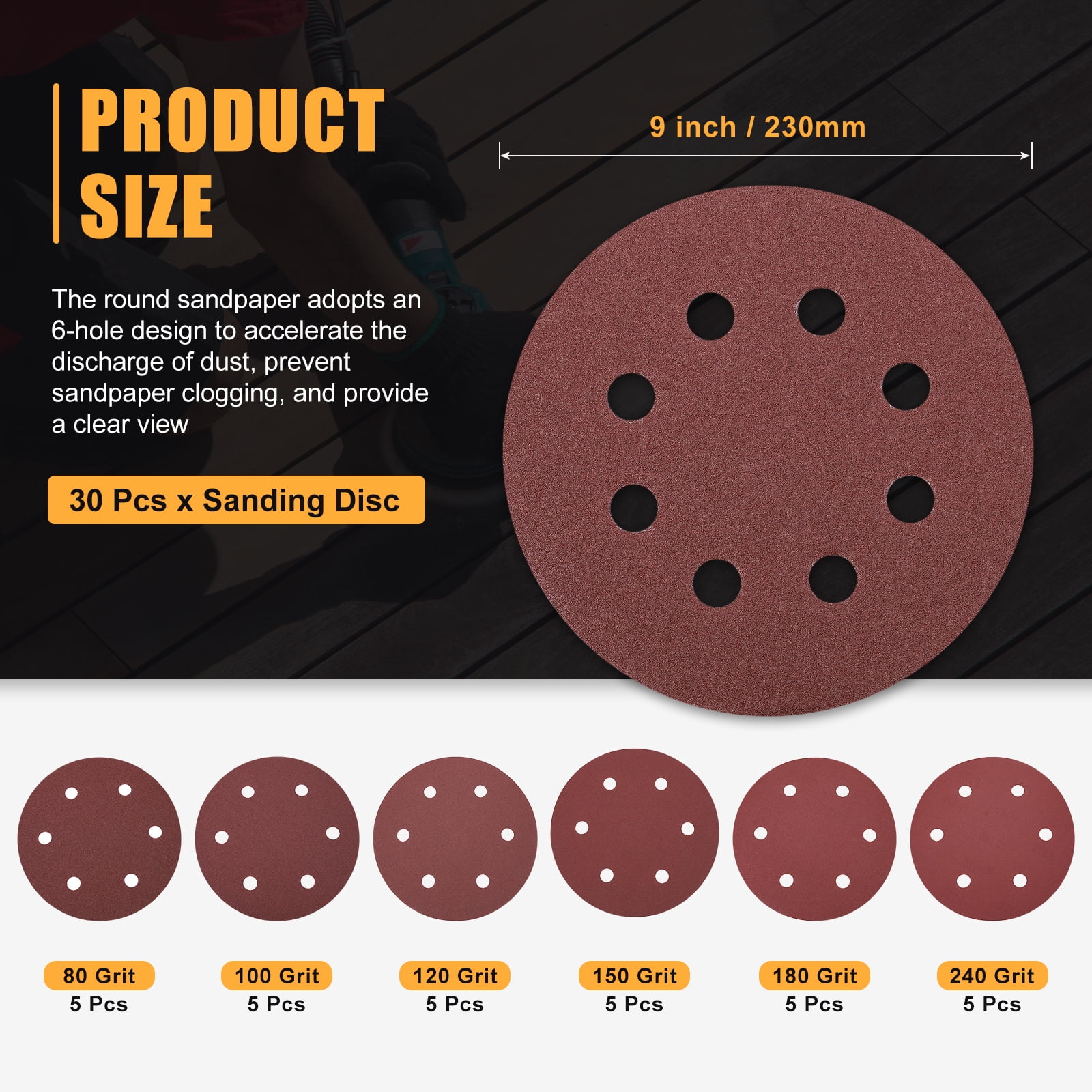 10 Pcs 9 Inch Sanding Disc 180 Grit Hook and Loop Sandpaper Random Orbital Sander Pads for Woodworking Automotive, Gold