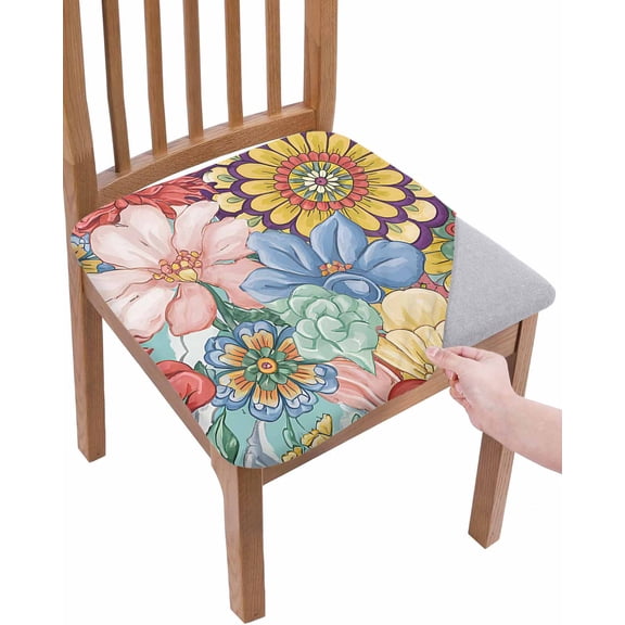 Boho Floral Chair Seat Covers for Dining Room Stretch Chair Seat Covers Set of 4, Bohemia Country Colorful Mandalas Flower Chair Seat Protector Cushion Slipcovers for Kitchen Restaurant Office