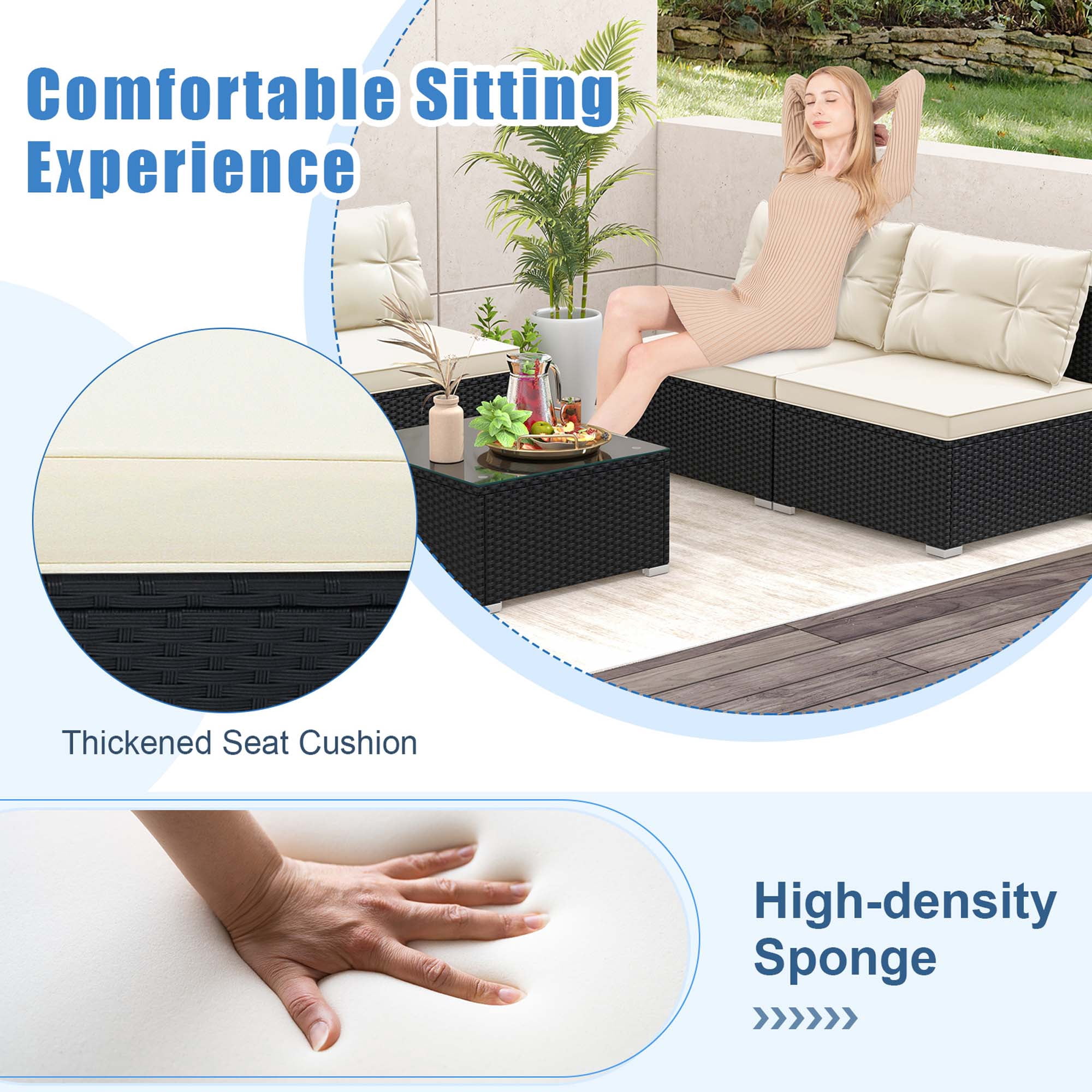 Costway 5 Pieces Outdoor Furniture Set with Seat & Back Cushions Tempered Glass Tabletop