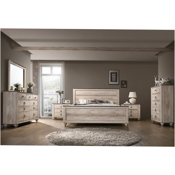 JERFIT 6-Piece Queen Bedroom Set in Walnut Brown, Modern Wood Bed Frame with Dresser, Mirror, 2 Nightstands and Chest