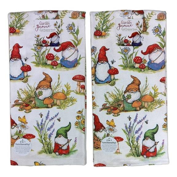Set of 2 GARDEN GNOME Terry Kitchen Towels by Kay Dee Designs
