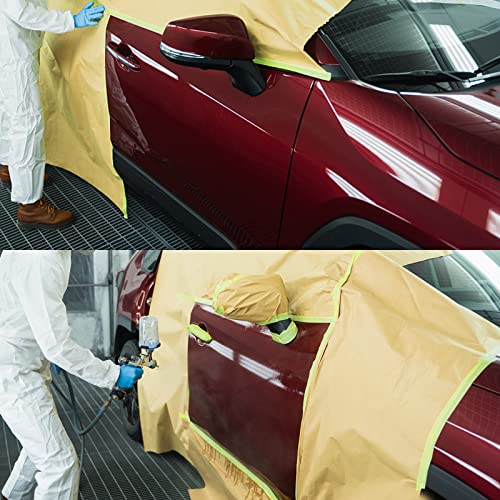 Pre-Taped Masking Paper for Painting - 18 inch x 50 feet Tape and Drape Painters Paper, Paint Adhesive Protective Paper Roll for Covering Skirting, Frames, Cars and Auto Body (2 Rolls)